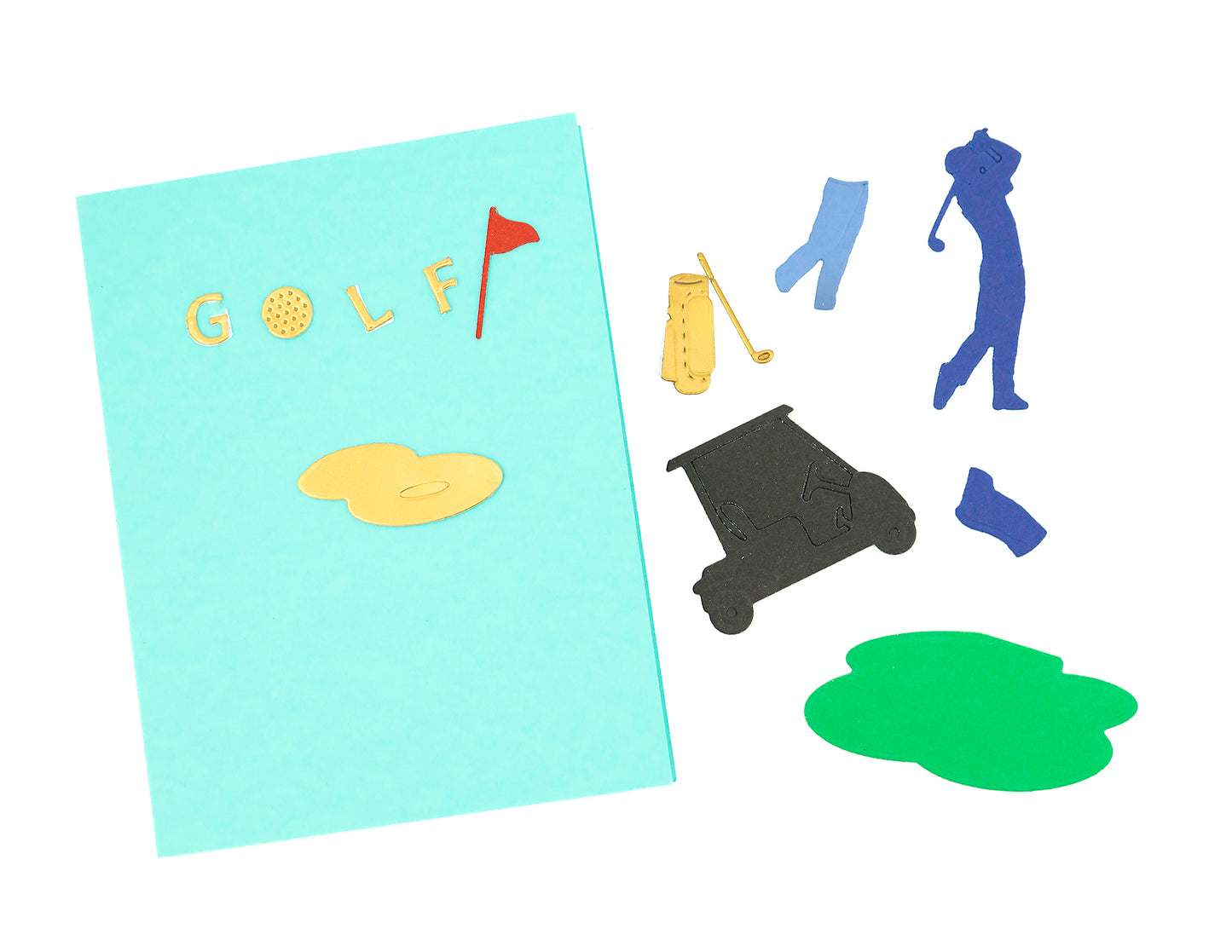 Golf Gentlemen’s Day
The golf card has a women or a man version with a green/grass, golf ball, golf clubs, and cart.