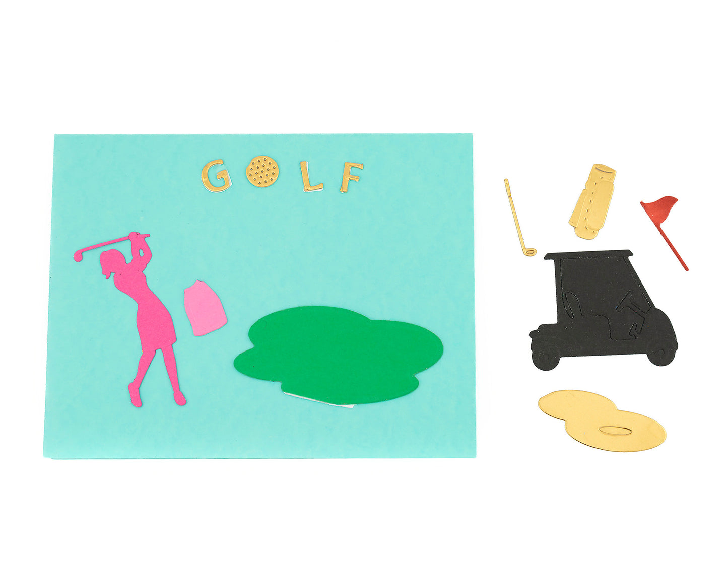 Card with a light teal background with the word golf at the top where the letter O is designed like a golf ball in place of an O with a pink silhouette of a female golfer, swinging a club with a pink skirt to be attached nearby the golfer, a shape representing a golf course or grass beneath the golfer and illustrations of a gold golf club and gold golf bag a black golf cart a red flag and a gold water pad for the golf course