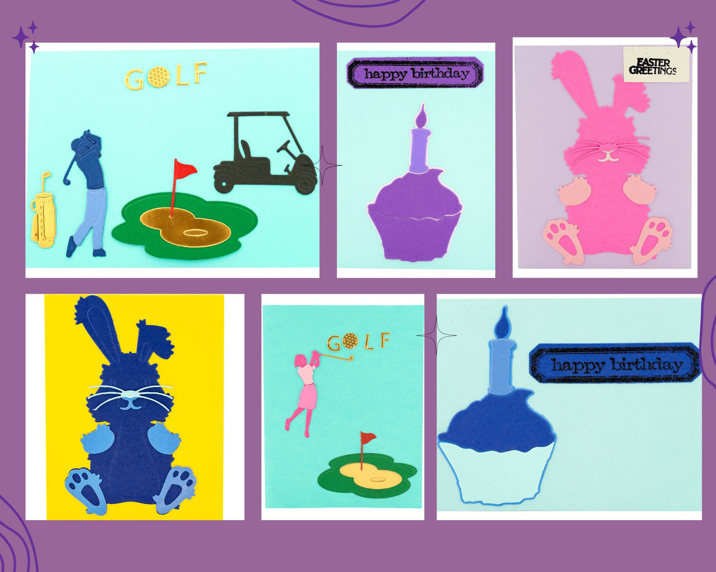 PAST BOX April box April Tactile Treasure Box Happy Birthday cards featuring one purple cupcake and one blue cupcake, pink bunny with an Easter greeting or a blue bunny, golf enthusiasts touch of feminine charm, and the other with a masculine edge