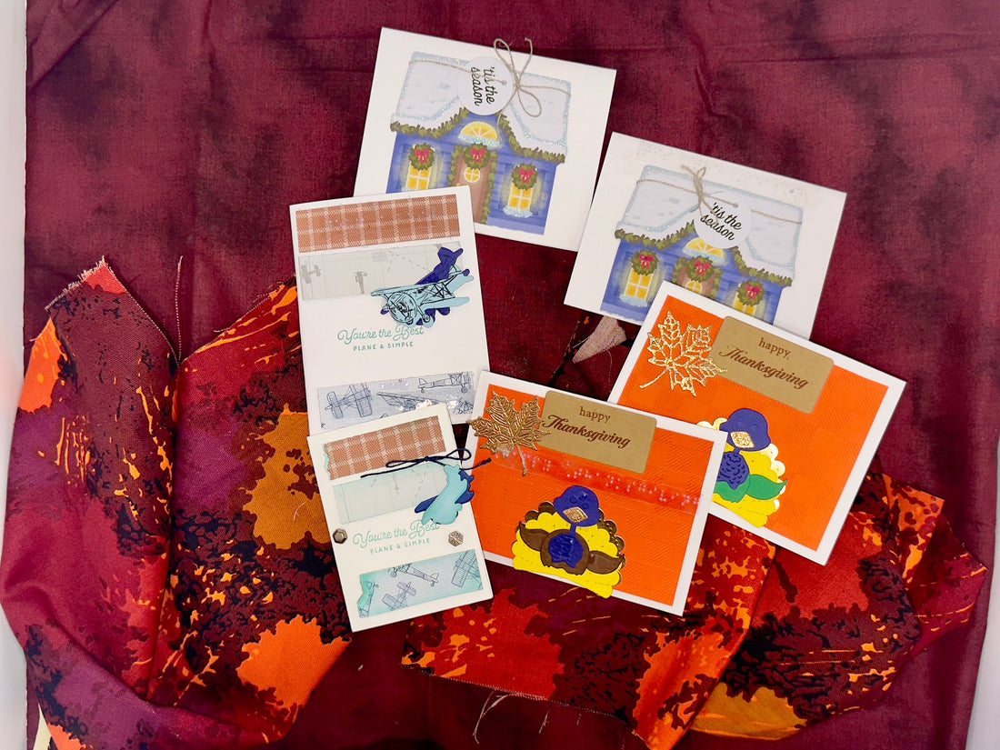 Layer, turkey card, plane card with several planes and background pieces, and village house for Christmas