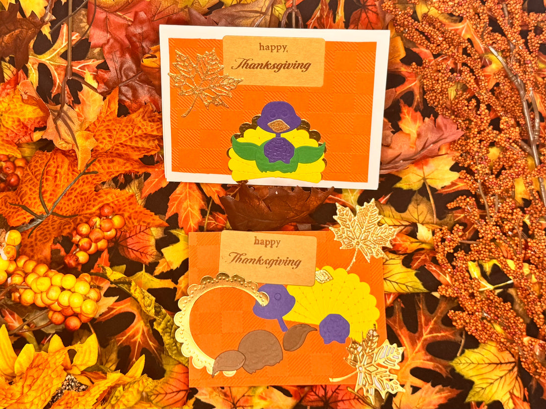 Thanksgiving-themed greeting card. autumn leaves  "happy Thanksgiving" message with embossed leaf and a 4 layers of a turkey
