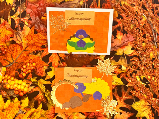 Thanksgiving-themed greeting card. autumn leaves  "happy Thanksgiving" message with embossed leaf and a 4 layers of a turkey