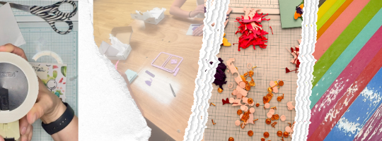 Collage of a person crafting, a table with supplies, colorful paper, and decorative elements.