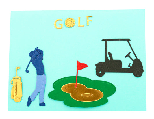 Golf Gentlemen’s Day
The golf card has a women or a man version with a green/grass, golf ball, golf clubs, and cart. 