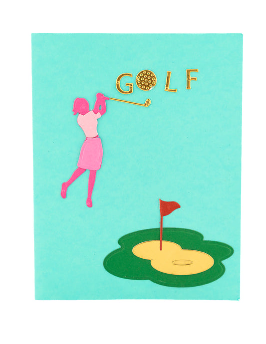Golf Girl Grace The golf card has a women or a man version with a green/grass, golf ball, golf clubs, and cart. 
