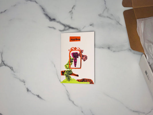 Happy Spring in black script, orange ornate- victorian arch-shaped frame, deep magenta carrot-, lime green male bunny, soft peach-pink bunny, lime green 3 peas growing or peas in a pod