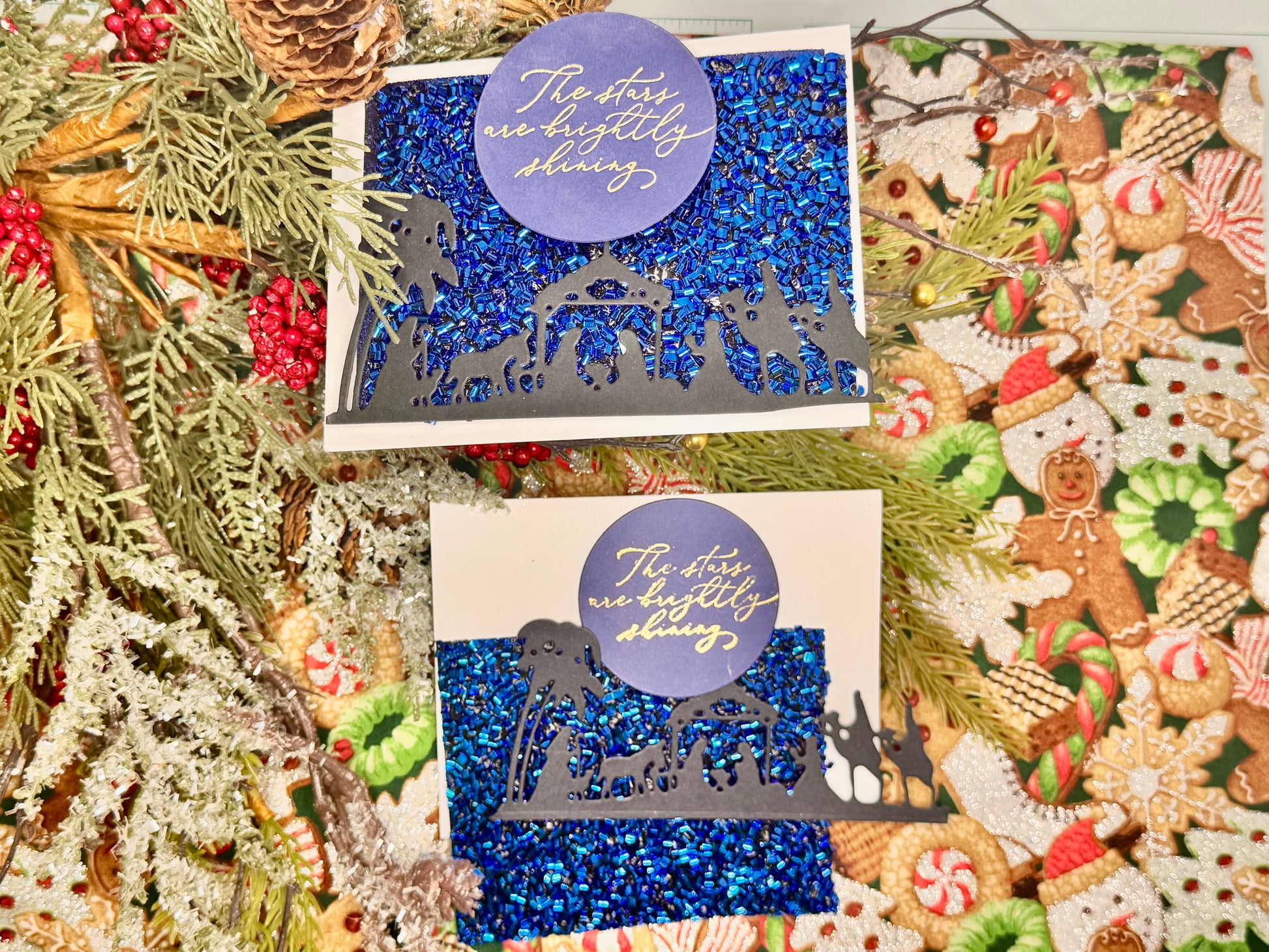 Simple Nativity The Stars Are Brightly Shining greeting embossed with thin script greeting. Background is dark blue rolled ribbon that feels and looks like thing rectangle beads or sugar sprinkles. Nativity is a black silhouette starting left to right palm tree, shepherd and staff/cane, sheep, donkey, barn, Joseph, manger/troff and baby Jesus, Mary, wiseman kneeling with gift and two wiseman on camels.