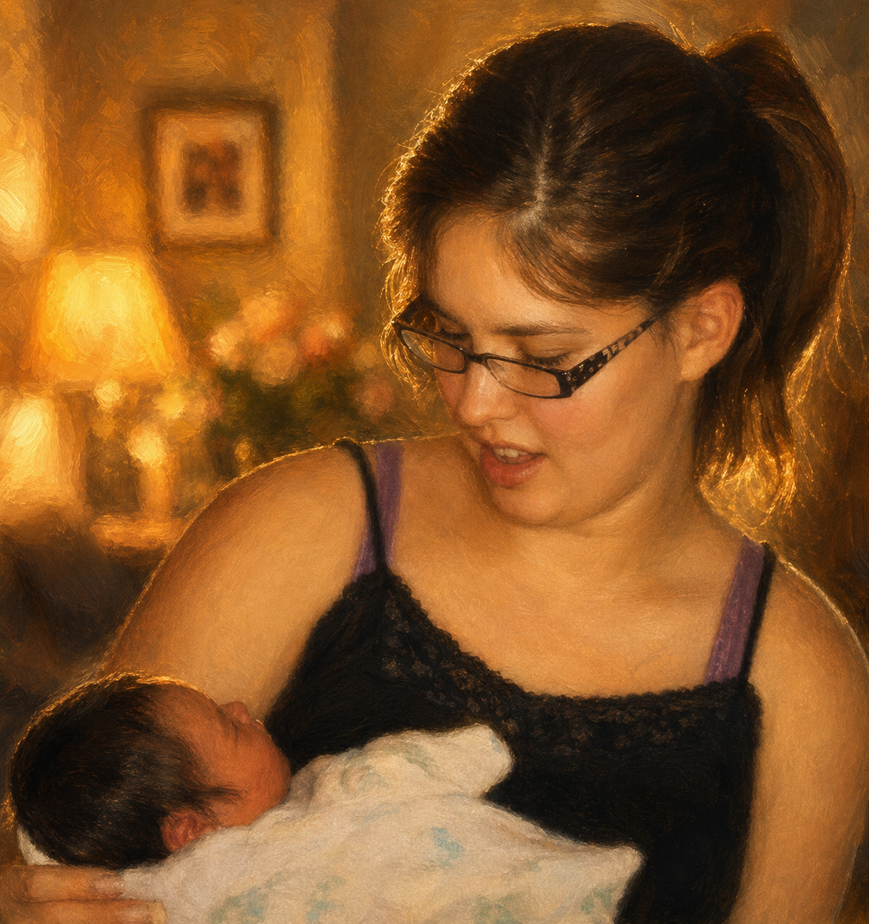 The baby’s face is turned toward the woman’s chest.  The background of the photo on the screen is warmly lit, with golden, painterly lighting. A table lamp with a soft yellow glow, a framed picture on the wall, and out‑of‑focus flowers are visible, creating a cozy indoor setting.  