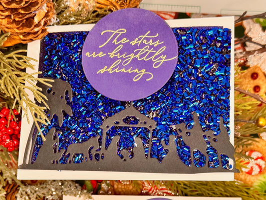Simple Nativity The Stars Are Brightly Shining greeting embossed with thin script greeting. Background is dark blue rolled ribbon that feels and looks like thing rectangle beads or sugar sprinkles. Nativity is a black silhouette starting left to right palm tree, shepherd and staff/cane, sheep, donkey, barn, Joseph, manger/troff and baby Jesus, Mary, wiseman kneeling with gift and two wiseman on camels.
