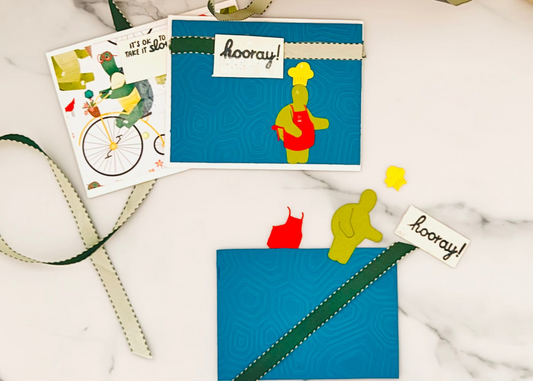 Pre-cut turtle card pieces including shell ripples, apron, and chef hat